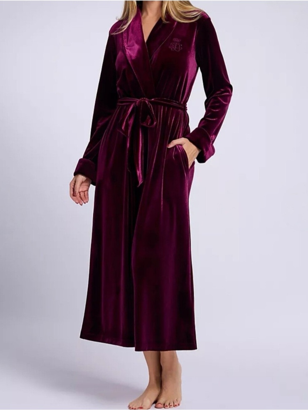 Lauren Ralph Lauren Velvet Shawl Long Bath Robe Logo Red Small - Picture 2 of 13